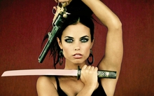 brunettes women guns blue eyes swords 1280x1024 wallpaper 